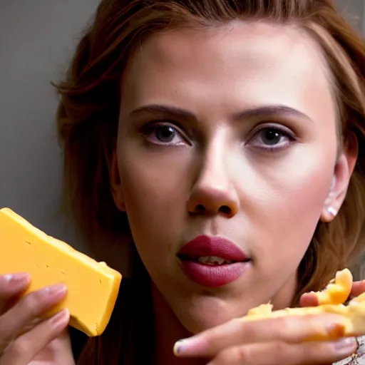 Prompt: beautiful portrait photo of Scarlett Johansson eating velveeta cheese staring sensually at the camera, 85mm
