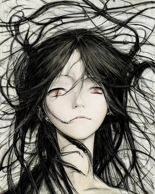 Image similar to Yoshitaka Amano realistic illustration of an anime girl with wavy white hair and cracks on her face wearing dress suit with tie fluttering in the wind, abstract black and white patterns on the background, noisy film grain effect, highly detailed, Renaissance oil painting, weird portrait angle