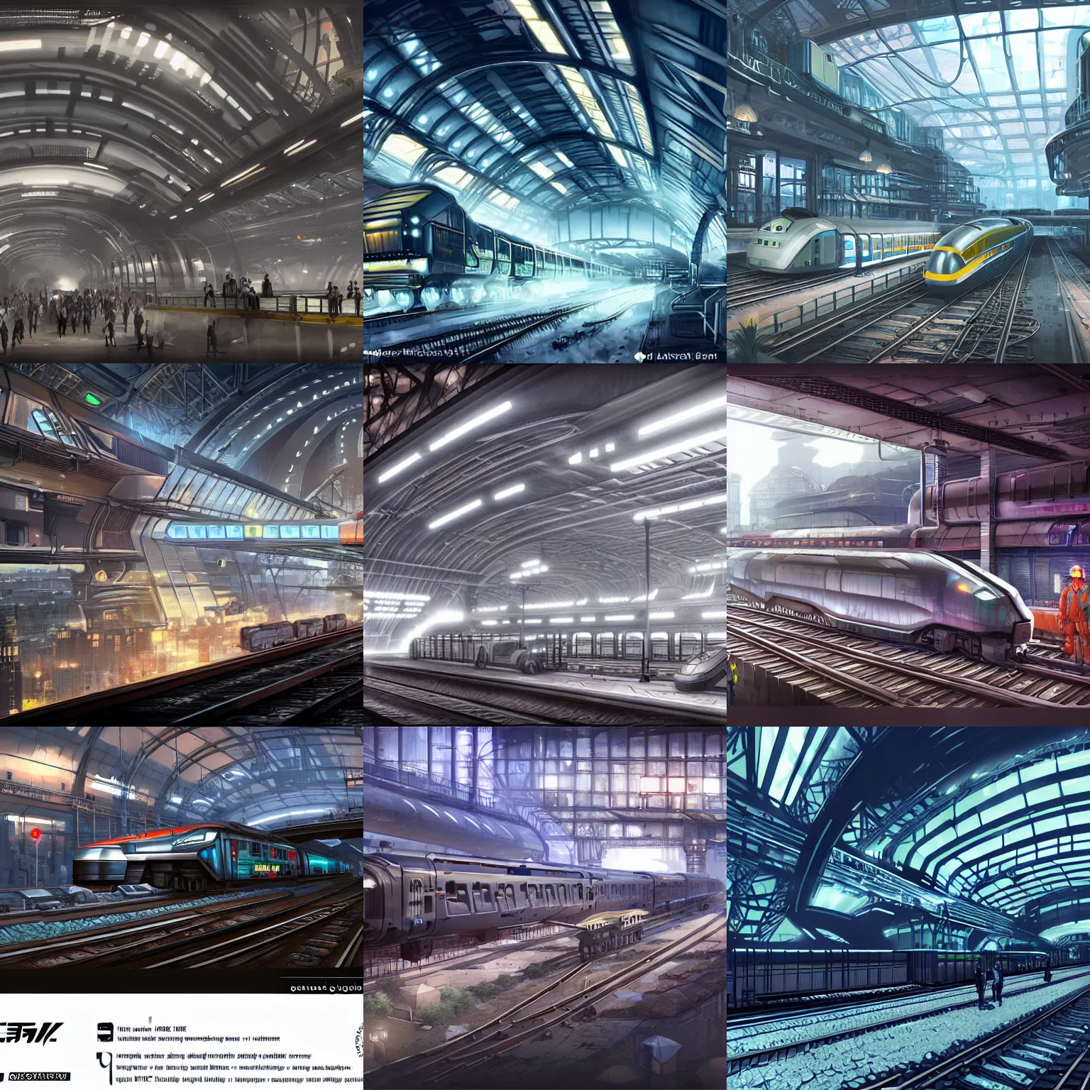 Image similar to Immense industrial futuristic train arrives at cyber punk city station, cinematic lighting, concept art