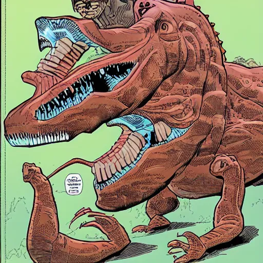 Image similar to a two headed dinosaur ripping a man in half, style of Geof Darrow