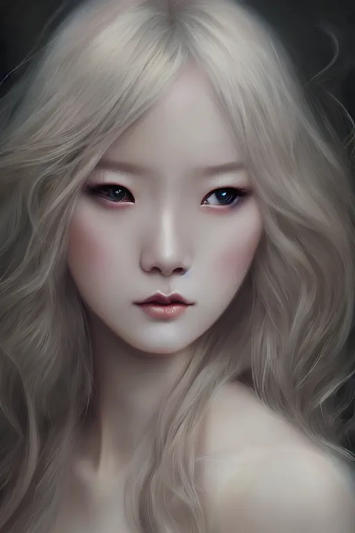 Prompt: photograph of a beautiful blonde korean girl, exquisite detail, hyper realism, ornate, art by Charlie Bowater, voluptuous, exquisite detail, masterpiece, cute face, goth girl aesthetic,