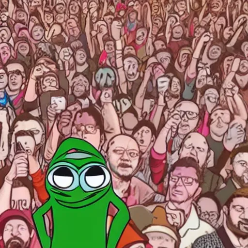 Prompt: crowd of glad pepe