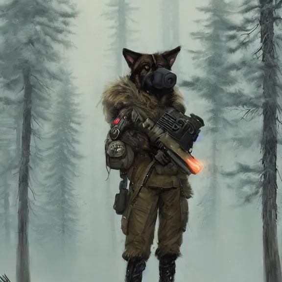 Image similar to Norwegian forest war action portrait of furry anthro anthropomorphic german shepard head animal person fursona wearing clothes modern soldier tactical digital art by Greg Rutkowski, Simon Stalenhag, trending on Artstation, CGSociety