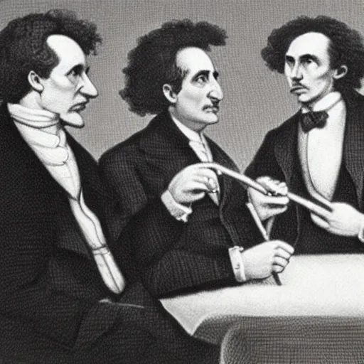 Prompt: Einstein, Isaac Newton, and Nikolai Tesla smoking a joint, drawing