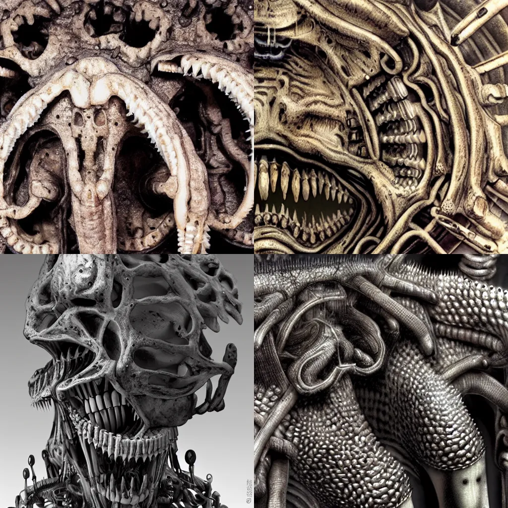 Prompt: a close up of a machine made of teeth, concept art by giger, cgsociety, assemblage, trypophobia, greeble, grotesque, odontophobia, carnophobia, meat muscle sinew teeth bone flesh spit saliva