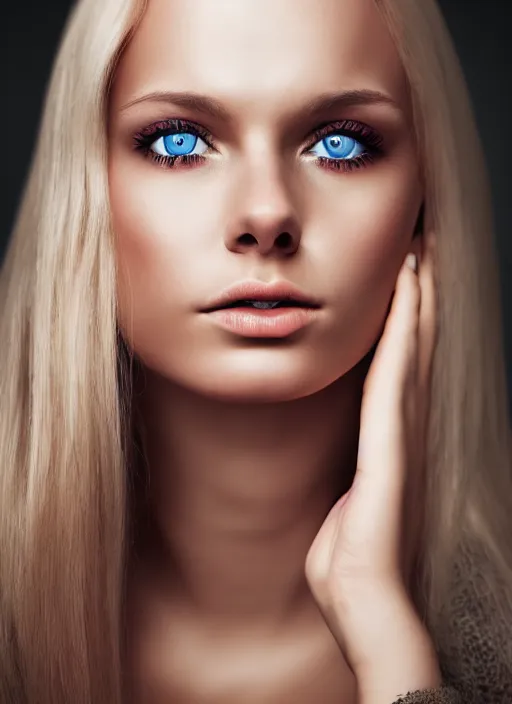 Image similar to a gorgeous norwegian female photo, professionally retouched, soft lighting, realistic, smooth face, full body shot, torso, dress, perfect eyes, sharp focus on eyes, 8 k, high definition, insanely detailed, intricate, elegant, art by mark litvokin