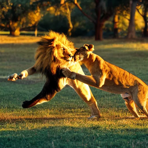 Prompt: lion slap boxing a kangaroo, savannah, national geographic, golden hour, 3 5 mm