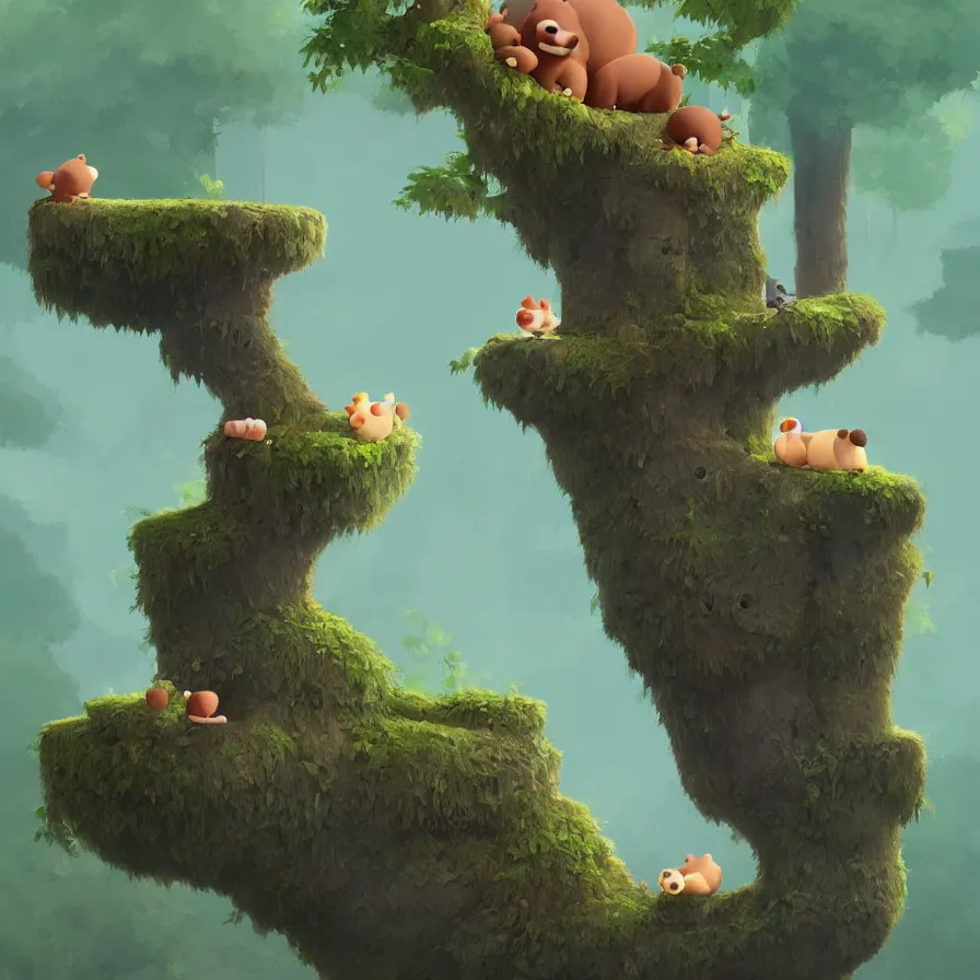 Prompt: A river, a baby bear on top of a trunk, jungle, art by Goro Fujita, ilustration, concept art, sharp focus, ArtStation, Deviantart