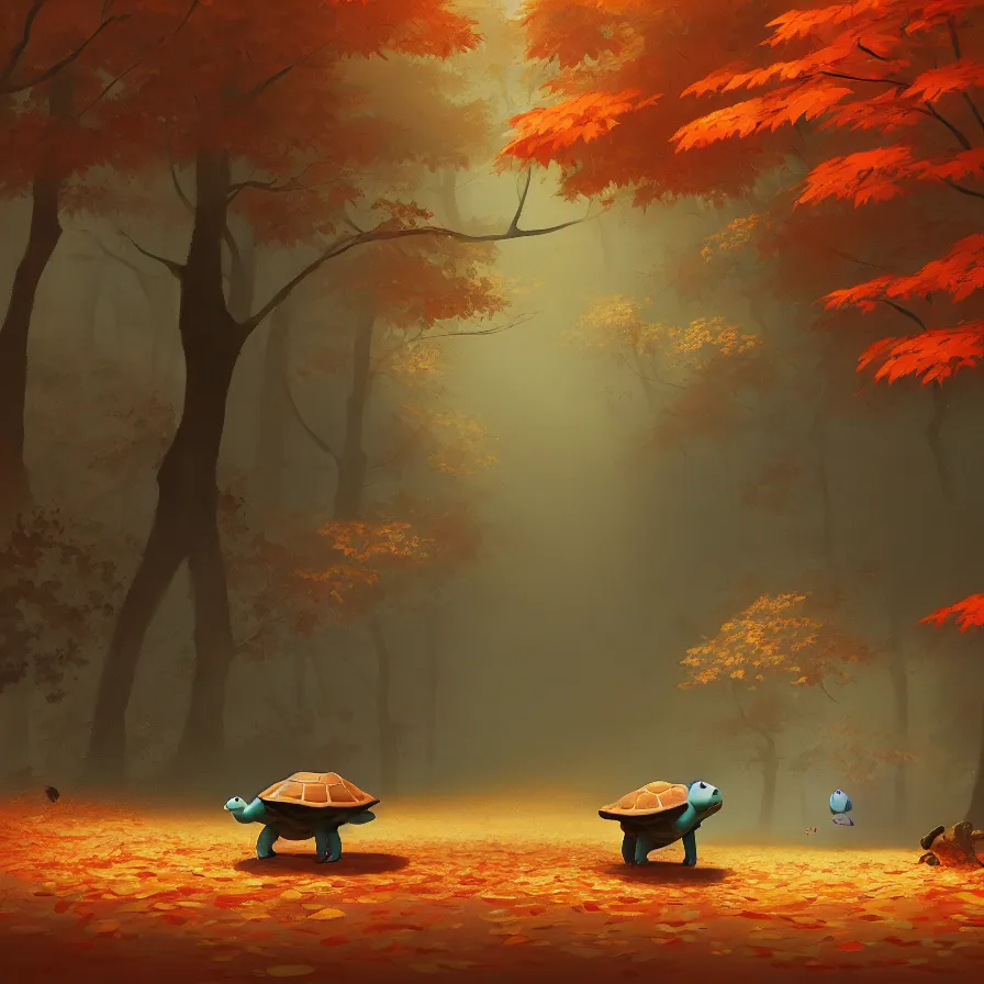 Image similar to Goro Fujita illustrating a tortoise walking through a beautiful autumn forest, art by Goro Fujita, sharp focus, highly detailed, ArtStation