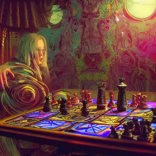 Prompt: beautifully detailed scene of a cyberpunk hyperborean magitech esoteric play and games scholar floral patterned robes in his study with holographic machinery, board games, chess contraptions, video game consoles, controllers, large crt monitors, books light projection mystical outdoor temple natural scene, octane 4 k render videogame gameplay screesnshot