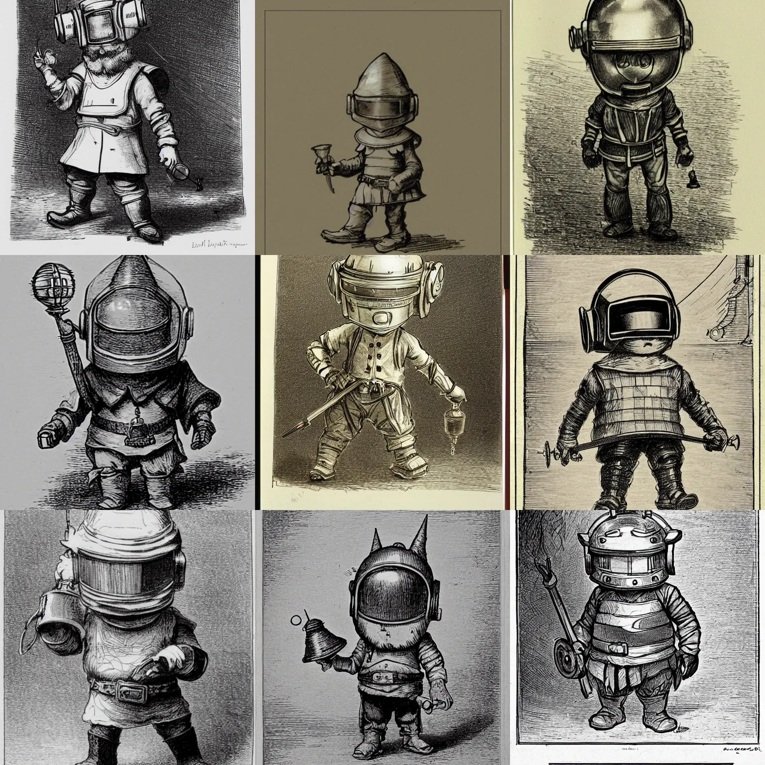 Prompt: sketch of a cute chibi dnd gnome inventor tinkerer wearing a daft punk helmet, he is walking and holding a barn lantern, etching by louis le breton, 1 8 6 9, 1 2 0 0 dpi scan