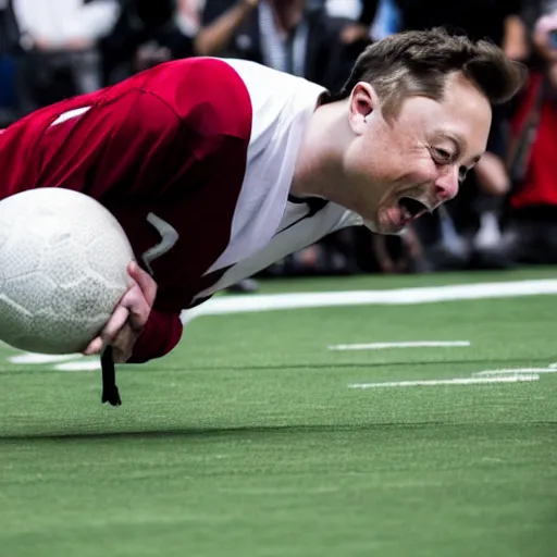 Image similar to elon musk taking a bite out of a football, highly detailed, extremely high quality, hd, 4 k, 8 k, canon 3 0 0 mm, professional photographer, 4 0 mp, lifelike, top - rated, award winning, realistic, detailed lighting, detailed shadows, sharp, no blur, edited, corrected, trending