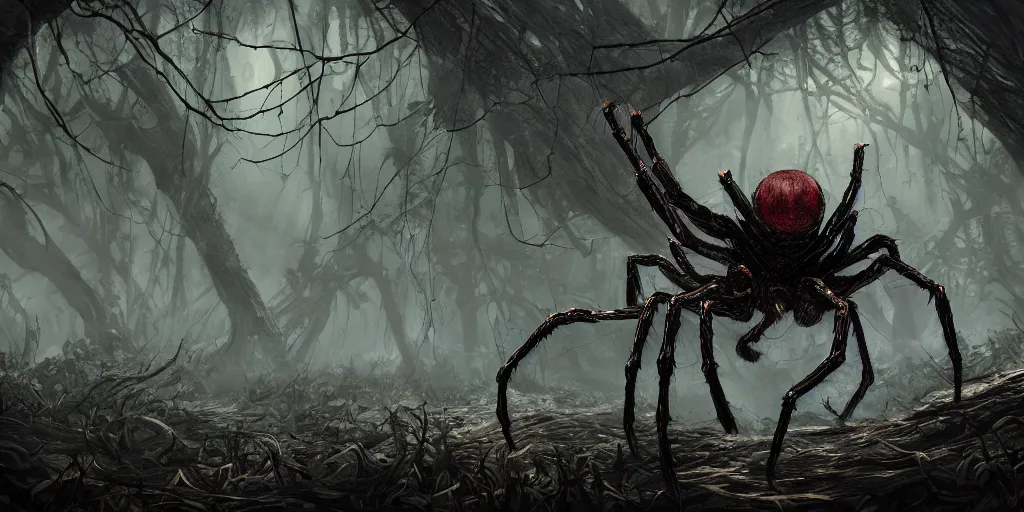 Prompt: huge spider monster in a dark forest, creeping from behind, dark fantasy, 4k, highly detailed, wallpaper, trending on ArtStation, prints available