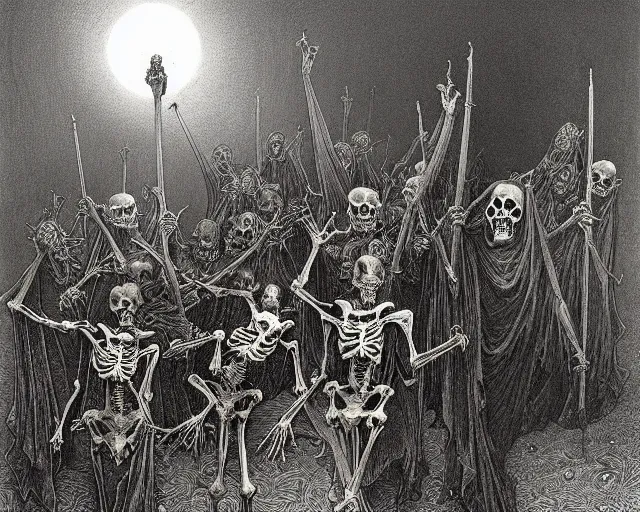 Image similar to satanic skeleton gang emerge from the cemetery on a dark night by zdzisław beksinski and gustave dore and alphonse mucha