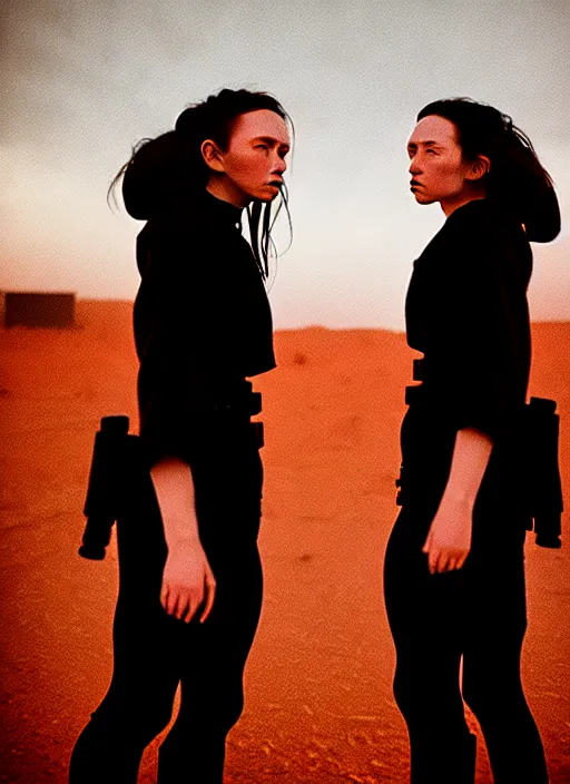 Image similar to cinestill 5 0 d photographic portrait of two loving female androids wearing rugged black techwear on a desolate plain with a red sky, extreme closeup, cyberpunk style, in front of a brutalist dark metal facility, dust storm, 8 k, hd, high resolution, 3 5 mm, f / 3 2, ultra realistic faces, ex machina