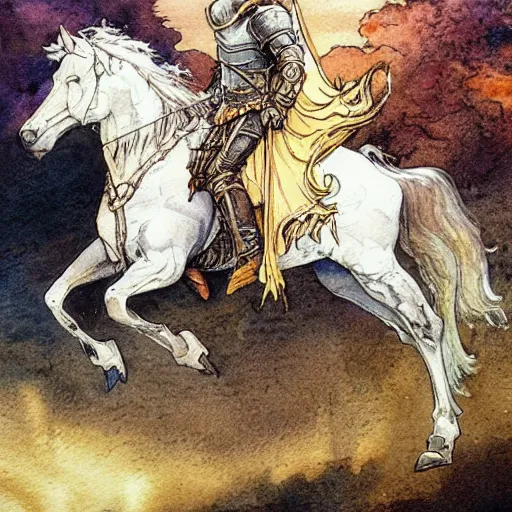 Image similar to a realistic and atmospheric watercolour fantasy concept art of a knight on a white horse, muted colors. by rebecca guay, michael kaluta, charles vess and jean moebius giraud,