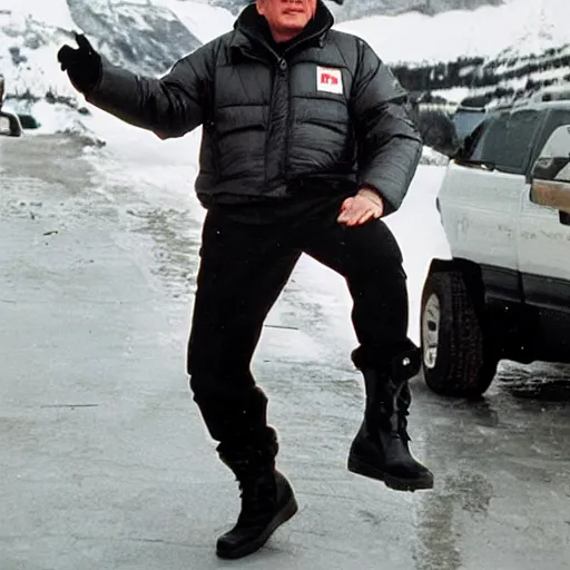 Image similar to john paul ii posing in a black puffed nuptse, black cargo pants and high black boots, press paparazzi photograph