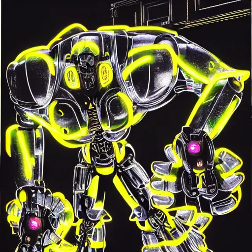 Prompt: the headless full - metal kerberos robot sirius in electrical wired neon yellow noir outfit, with eye - shaped neon lights in its torso, anime poster by yoji shinkawa, artgerm, esao andrews and yoshitaka amano