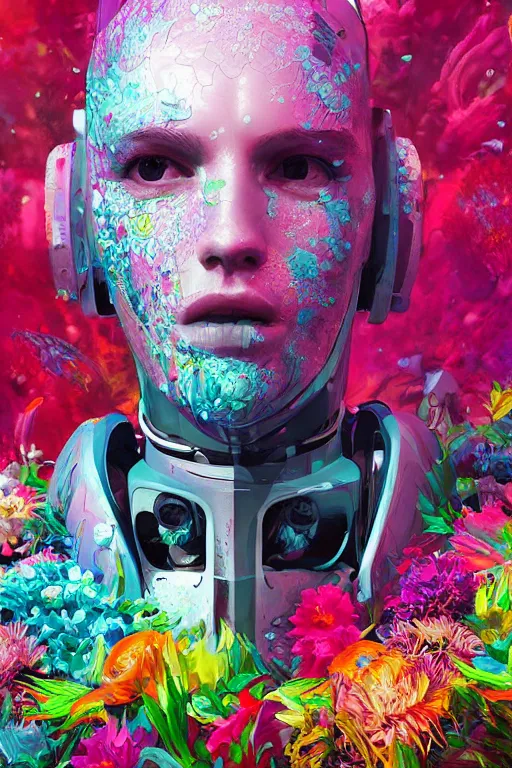 Prompt: closeup, underwater digital painting of a robot wearing a suit made of flowers, cyberpunk portrait by Filip Hodas, cgsociety, panfuturism, abstract expressionism, anaglyph, made of flowers, dystopian art, vaporwave
