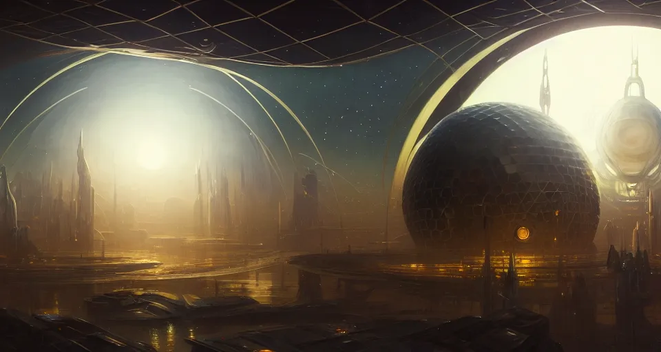 Image similar to cinematic shot, futuristic city on the moon inside a giant geodesic dome, utopian, night, stars, digital painting, artstation, concept art, smooth, sharp focus, illustration, intricate, elegant, highly detailed, in the style of greg rutkowski and alphonse mucha and artemisia, 8 k, highly detailed, jurgens, rutkowski