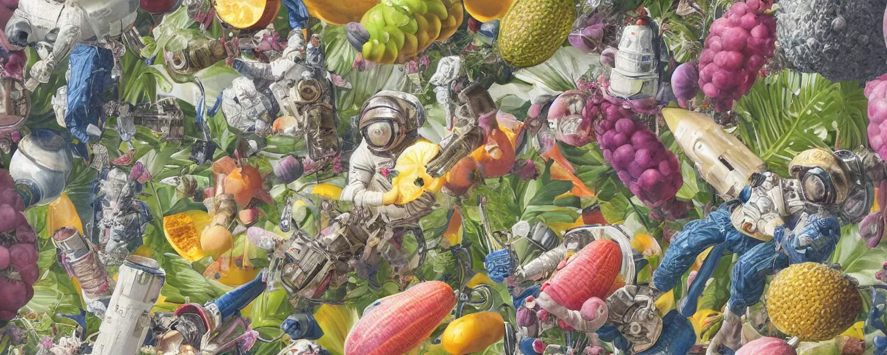 Prompt: hyperdetailed photorealistic astronauts holding tropical fruits, seen from the long distance. sci-fi flemish baroque mixed media elements. pastel tones. NASA pic. matte background HD 8x