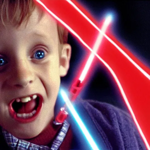 Image similar to Kevin McCallister if he had a lightsaber