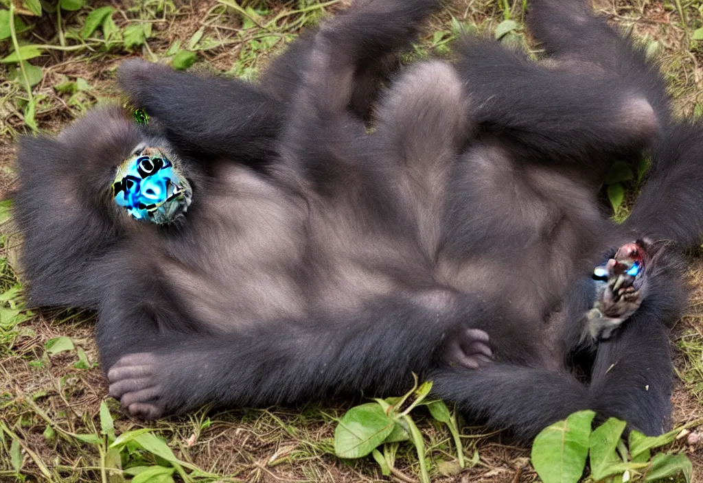 Image similar to “ a baby gorilla laying on the ground in the jungle by alex petruk ape, trending on flickr, primitivism, national geographic photo, uhd image, creative commons attribution ”