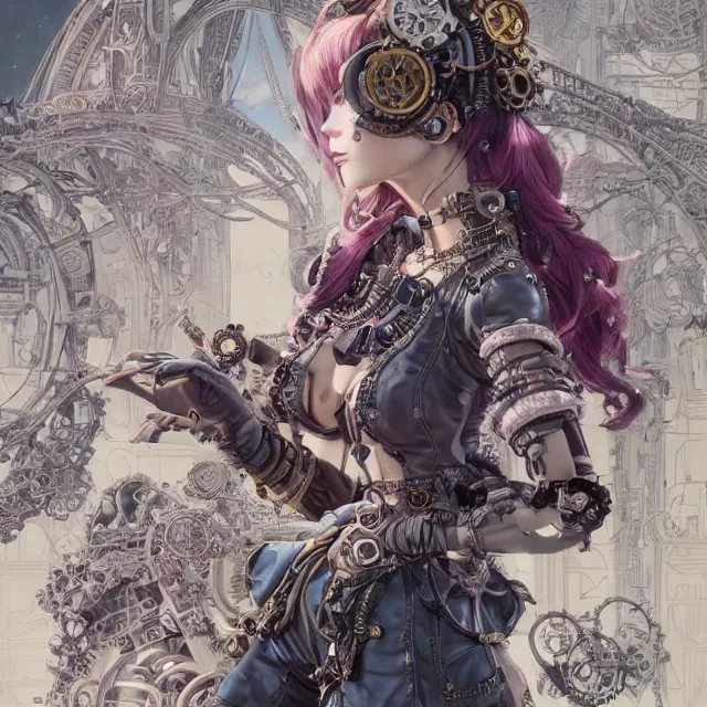 Image similar to the portrait of true neutral semi - colorful female steampunk cyborg mechanist as absurdly beautiful, gorgeous, elegant, young gravure idol, an ultrafine hyperdetailed illustration by kim jung gi, irakli nadar, intricate linework, bright colors, octopath traveler, final fantasy, unreal engine 5 highly rendered, global illumination, radiant light, detailed and intricate environment
