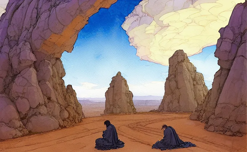 Image similar to a hyperrealist watercolour concept art of a large rock formation dimensional portal in the sky. a medieval monk in grey robes is kneeling in prayer below it on a desert road. by rebecca guay, michael kaluta, charles vess and jean moebius giraud. high detail, hq, wide shot