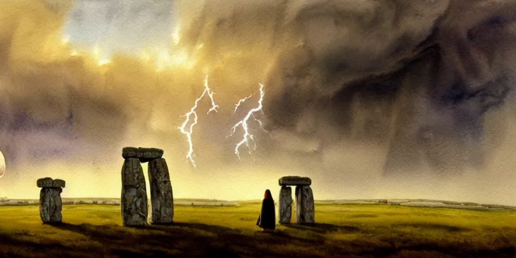 Image similar to a hyperrealist watercolor concept art of a giant ufo in the sky above stonehenge during a thunderstorm. a medieval monk in grey robes is in the foreground. golden hour. very muted colors, by rebecca guay, michael kaluta, charles vess. high detail, hq, wide shot, 4 k