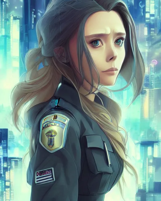 Image similar to anime key visual of elizabeth olsen police officer, cyberpunk, futuristic, perfect eyes, stunning features, perfect face!!, high details, digital painting, artstation, smooth face, soft focus, illustration, art by artgerm and greg rutkowski and alphonse mucha