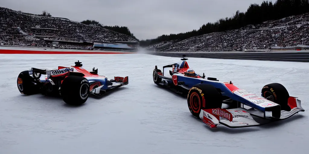 Prompt: F1 car racing on an ice lake, cinematic, epic, car shot