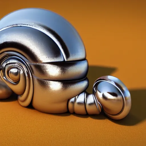 Image similar to snail with shell made out of chrome. product photography. octane render, cinematic, hyper realism, octane render, 8k, depth of field