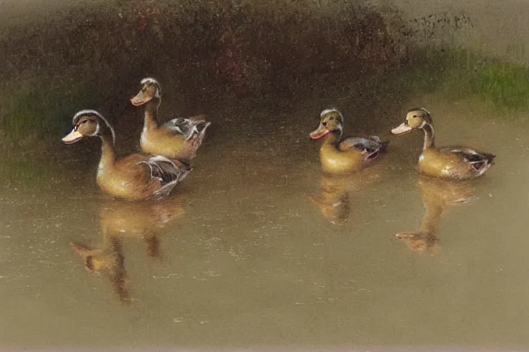 Image similar to ( ( ( ( ( ducks playing on wet road. muted colors. ) ) ) ) ) by jean - baptiste monge!!!!!!!!!!!!!!!!!!!!!!!!!!!