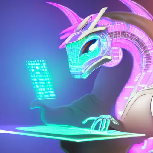 Prompt: Medium shot, male anthro robotic dragon wearing a holographic visor on its head, typing on a holographic keyboard, clean digital art, upscaled