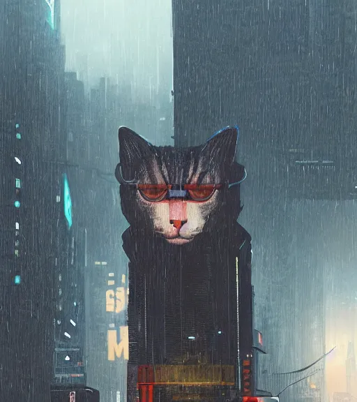 Prompt: new york city portrait of furry anthro anthropomorphic stylized cat head android service droid robot machine fursona wearing gloomy rainy screenshot from the video game cyberpunk 2077 digital art by Greg Rutkowski, Simon Stalenhag, christopher nolan trending on Artstation, CGSociety