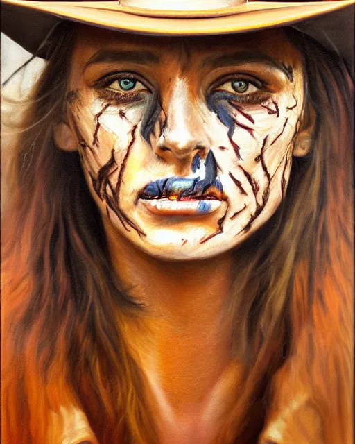 Image similar to oil painting portrait of cowgirl with burn scar exactly half of her face and one blind eye, golden ration, high production value, intricate details, high resolution, hdr, high definition, masterpiece, realistic, ultrarealistic, highly detailed, hd, sharp focus, non blurry, sharp, smooth