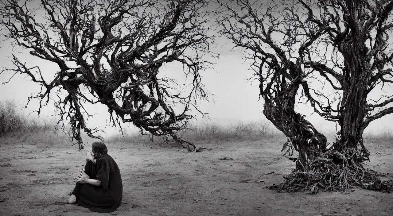 Image similar to 65-year-old woman merged with a tree, crying one single tear, facing the camera and sitting on a dried up river in a desolate land, blue sky, hot and sunny, highly-detailed, elegant, dramatic lighting, artstation, 4k, cinematic landscape, photograph by Elisabeth Gadd