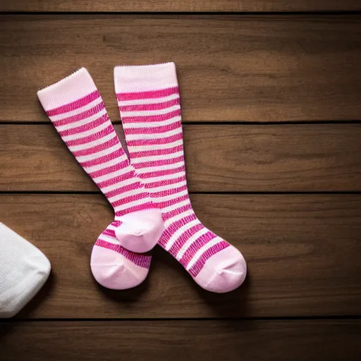 Prompt: clear highly detailed photorealistic topdown mockup product photograph of pink and white striped thigh high socks on a wooden background