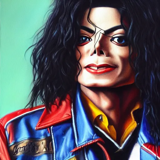 Image similar to an oil painting of a michael jackson wearing a old school highschool hiphop jacket, by artgerm, hd, hdr, ue 5, ue 6, unreal engine 5, realistic anime 3 d style, cinematic 4 k wallpaper, 8 k, ultra detailed, gta cover art, high resolution, artstation, award winning