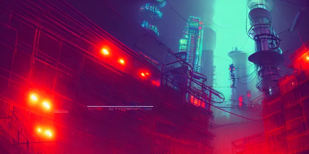 Image similar to a low angle photography of a big giant ominous industrial, futuristic cyberpunk factory at cloudy night with green and orange and red light and pipes and cables with a big chinese character neon sign + with fog + corporation + artstation photorealistic concept art