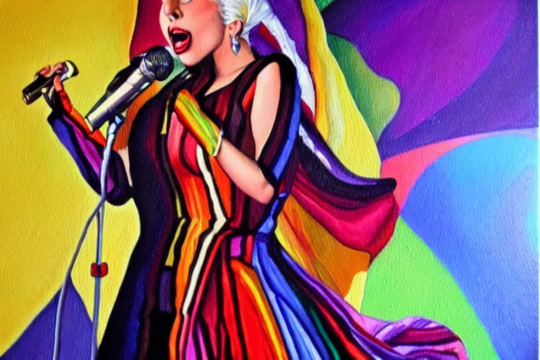 Image similar to highly detailed oil painting of lady gaga singing, colorful dress, very realistic, art nouveau, dramatic light,