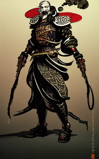 Image similar to ancient chinese general lu bu by katsushika hokusai, pete mohrbacher, yoji shinkawa + gothic illustration + trending on artstation + intricate details - h 1 0 2 4