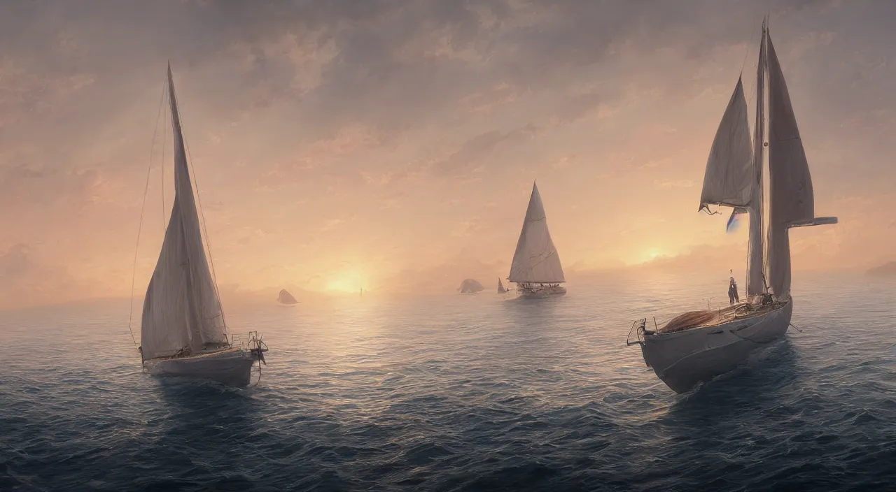 Prompt: hyper realistic detailed matte painting of sailing boat in the bay, calm foggy ocean, sunset lighting, hyperdetailed unreal engine 8 k ultra hd, stanley artgerm lau, rossdraws, james jean marc simonetti ruan jia and mandy jurgens and artgerm and william illustration, digital art, concept art