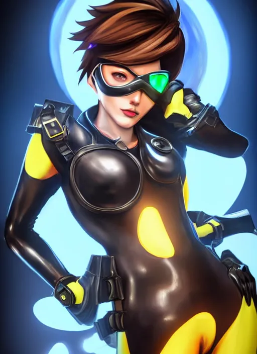 Image similar to full body digital artwork of tracer overwatch, wearing black iridescent rainbow latex, 4 k, expressive happy smug expression, makeup, in style of mark arian, wearing detailed black leather collar, wearing sleek armor, black leather harness, expressive detailed face and eyes,