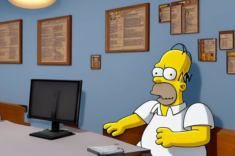 Image similar to Homer Simpson sits at the office table and monitors the fall of Bitcoin and is angry, 3d, CryEngine, 8k, hyperrealism