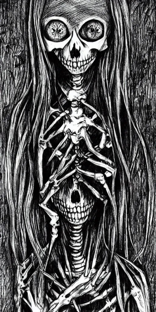 Image similar to A skeleton, horror, creepy, dark, manga, pencil, inspired by junji ito, superior quality, masterpiece, green