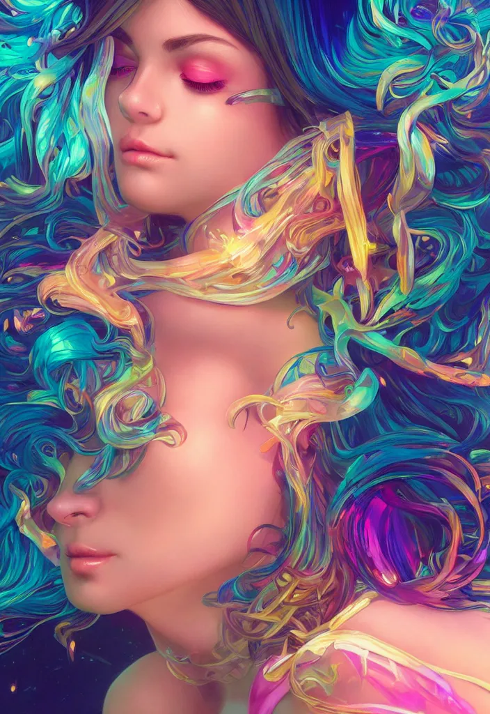 Image similar to beautiful, young woman, detailed gorgeous face, vaporwave aesthetic, synthwave, colorful, psychedelic, crown, artstation, concept art, smooth, extremely sharp detail, finely tuned detail, ultra high definition, 8 k, unreal engine 5, ultra sharp focus, illustration, art by artgerm and greg rutkowski and alphonse mucha