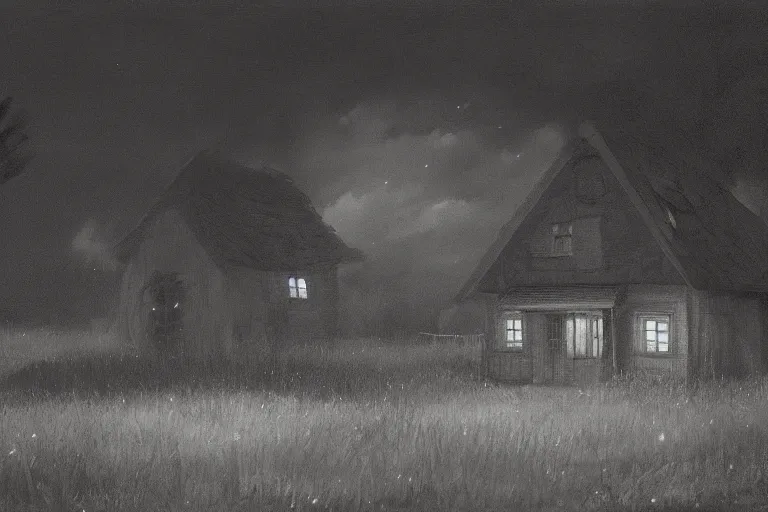 Image similar to a cinematic hyperrealism highly detailed photograph of a small cottage in a dark black night on a wide prairie, by issac levitan and studio ghibli, deviantart