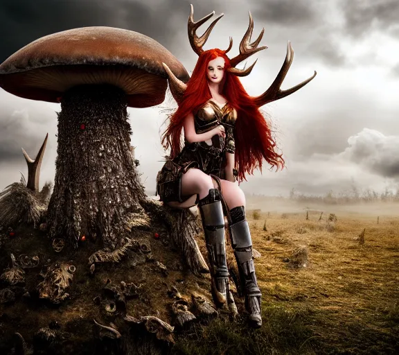 Image similar to a photo of an armored woman warrior redhead with antlers sitting on a giant mushroom that covers a whole village and reaches above the clouds by luis royo. intricate. lifelike. soft light. sony a 7 r iv 5 5 mm. cinematic post - processing